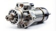 © DigitalArt Max - Close-up isolated image of a car engine starter motor component alone on a plain white background, spotlighted and detailed.