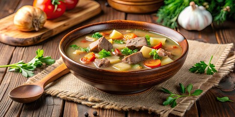 Sticker - Delicious homemade soup with chunks of meat , soup, meat, broth, bowl, meal, hot, comfort food, hearty, savory, delicious