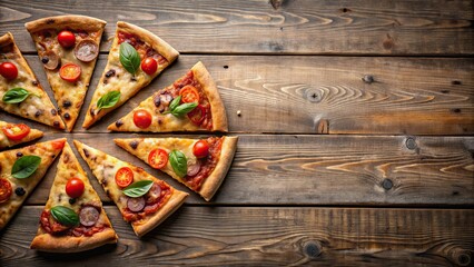 Sticker - Pizza slices on a rustic wooden table, food, pizza, slices, delicious, homemade, cheese, crust, topping, meal, lunch