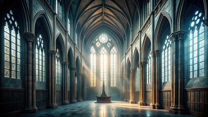 Poster - Foggy hall interior in gothic ancient chapel with tall windows and columns. Empty dark abandoned mystical place, foggy, hall