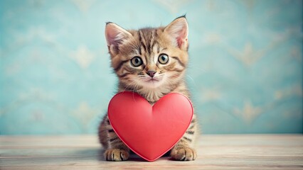 Poster - Cute kitten holding heart-shaped Valentine's card , adorable, pet, feline, love, romance, February 14th, celebration