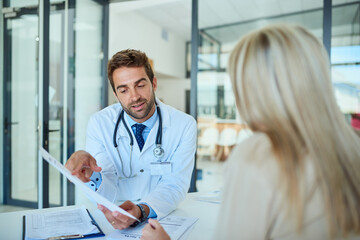 Poster - Hospital, doctor and people with documents in discussion for health insurance, premium and planning. Man, patient and consultation with paperwork at desk for coverage option, info or medical benefits