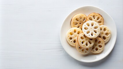 Poster - Lotus root arranged on a white plate, Lotus root, plate, food, healthy, fresh, vegetarian