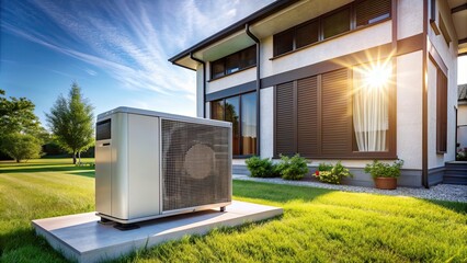 Wall Mural - Detailed close-up of a heat pump unit in front of a modern house on a sunny day, heat pump, technology, energy efficient, close-up