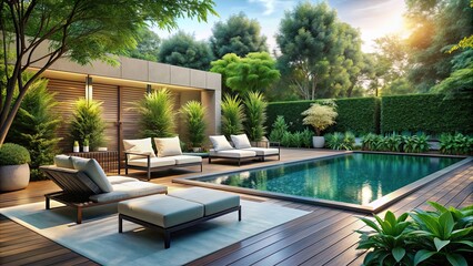 Wall Mural - Outdoor pool area with sleek modern furniture, surrounded by lush garden with green plants and trees, pool, outdoor