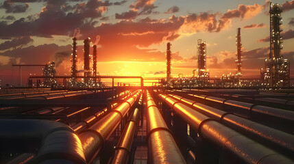 Sticker - Oil pipe line connect in oil refinery plant. Steel long pipe in crude oil factory on sunset background. 