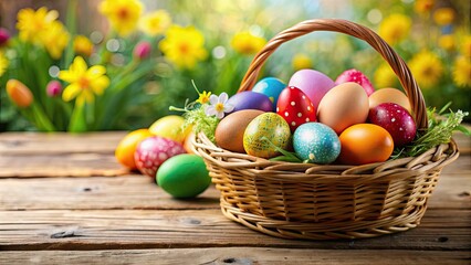 Canvas Print - Easter eggs in a basket with colorful decorations , Easter, eggs, basket, holiday, spring, celebration, traditional, colorful