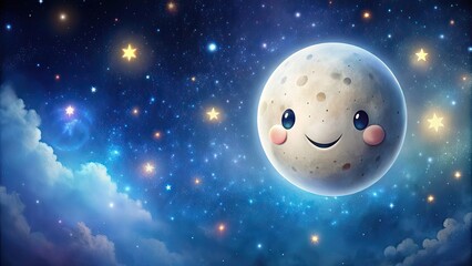 Canvas Print - of a cute and adorable moon with a smiling face on a starry night background, moon, graphic, cute,smiling face, starry night