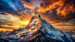 © DigitalArt Max - Majestic mountain peak at sunset with vibrant sky, symbolizing triumphant achievement and successful business leadership, exuding confidence and grandeur.