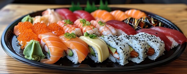 Wall Mural - A sushi platter with colorful sashimi, nigiri, and maki rolls, arranged artfully on a black plate.