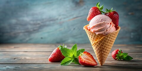 Sticker - Creamy strawberry ice cream in a waffle cone, sweet, delicious, dessert, cold, refreshing, summer, treat, confection, frozen, scoop