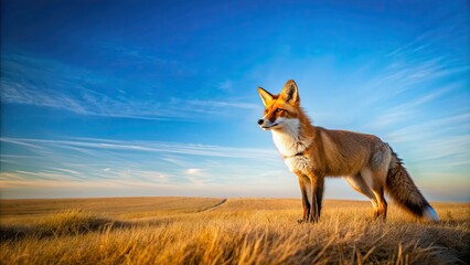 Poster - Fox standing on a vast prairie under a clear blue sky, wildlife, nature, animal, mammal, predator, grassland