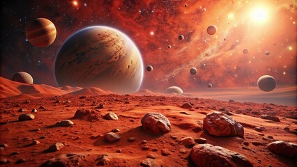 Wall Mural - red rocky surface of mars with cosmic planets in the background, mars, red planet, rocky, surface, c