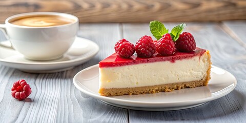 Poster - Raspberry cheesecake served with a cappuccino on a plate, perfect for a sweet morning treat, dessert, pink, tasty, sweets