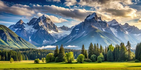 Canvas Print - Scenic landscape featuring majestic mountains in the background, mountains, nature, scenic, outdoors, panoramic, peaks