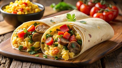 Wall Mural - Savory breakfast burrito with scrambled eggs, cheese, sausage, and fresh salsa, breakfast, burrito, savory, scrambled eggs