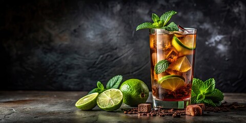 Sticker - Refreshing cocktail with brown rum, cola, mint, and lime served in a tall glass , Cuba Libre, brown rum, cola, mint, lime