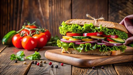 Wall Mural - Delicious sandwich with fresh ingredients on a wooden table, food, lunch, meal, snack, bread, cheese, meat, vegetables