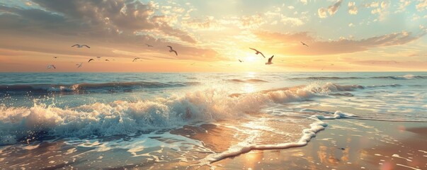 Wall Mural - A tranquil beach at sunset, with waves gently lapping against the shore and seagulls soaring overhead.