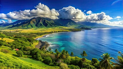 Sticker - Panoramic view of Maui's stunning landscape with lush greenery, crystal clear ocean