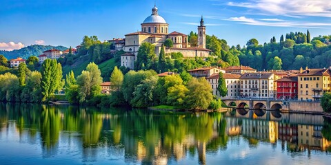 Canvas Print - Scenic view of river Po in Turin with Monte dei Cappuccini and Santa Maria al Monte church in Italy, Turin, Po