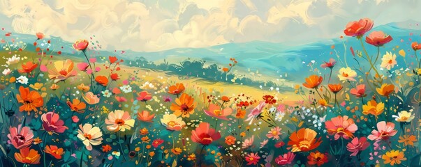 Sticker - A stylized illustration of a serene meadow filled with wildflowers, their colors blending into a vibrant patchwork.