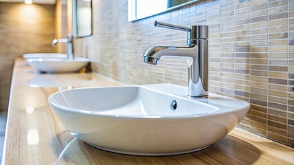 Poster - Modern clean bathroom sink with water tap running, promoting hygiene and cleanliness, water tap, faucet, flow water, bathroom, sink