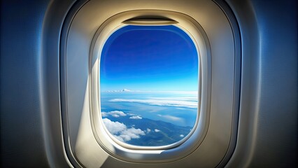 Wall Mural - Isolated airplane window with clear blue sky, travel, transportation, aircraft, window, view, flying, journey