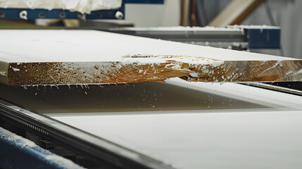 Canvas Print - A piece of wood is being cut by a machine. The wood is white and has a grain pattern