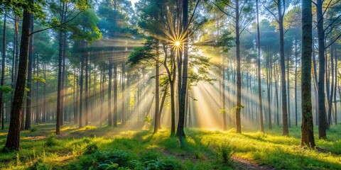 Wall Mural - Misty morning in the forest with sun rays filtering through the trees, misty, morning, forest, trees, sunrise, nature, fog