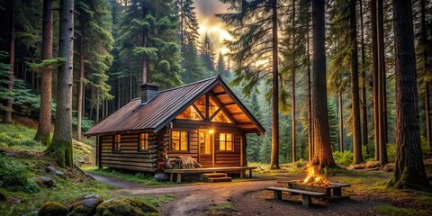 Poster - Cozy cabin nestled in the woods, cabin, forest, trees, tranquil, secluded, nature, rural, homestead, peaceful, serene