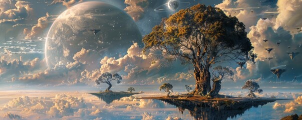 Canvas Print - Surreal landscape with twisted trees, floating islands, and giant moon