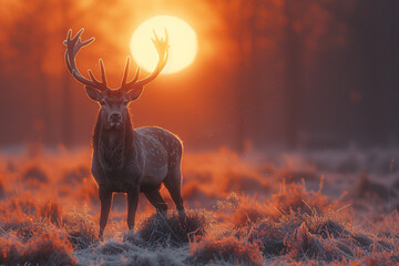 Poster - A majestic stag stands in a frosty field at sunrise, its antlers silhouetted against the glowing, golden sun