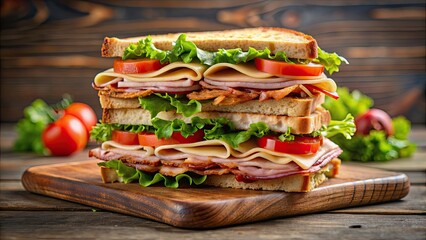 Wall Mural - Delicious club sandwich with layers of ham, turkey, bacon, lettuce, tomato, and mayo on toasted bread, food, sandwich, club sandwich