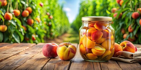 Canvas Print - Pickled peaches in a jar on wooden floor with peach orchard in background, food preservation, peaches, pickled, jar, wooden floor