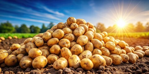 Poster - Piles of potatoes in a field on a sunny day, potatoes, farm, crop, agriculture, fresh, organic, harvest, field, sunny