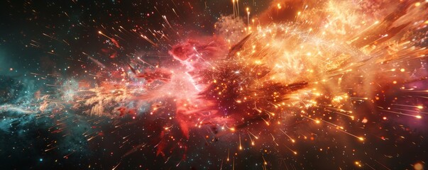 Wall Mural - a photorealistic depiction of a fireworks display illuminating the night sky, the colorful explosion