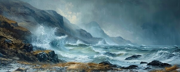 Wall Mural - A rugged coastline with crashing waves, the spray of the sea creating a mist that hangs in the air.