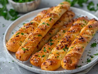 Delicious Garlic Breadsticks Sprinkled with Parsley on a White Plate   Baked Bread and Pastries Concept