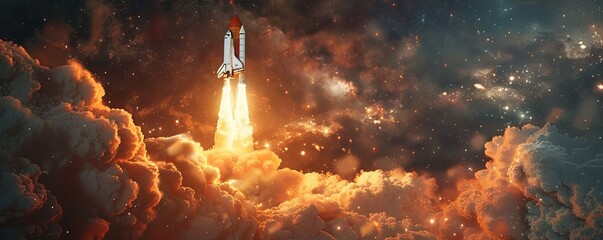 Wall Mural - A photorealistic image of a space shuttle launching into orbit, leaving a trail of fire and smoke in its wake, symbolizing human ingenuity, exploration, and the quest for knowledge.