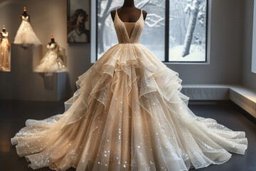 An elegant, sparkling ivory wedding dress on display, set against a backdrop of a snowy scene through large windows