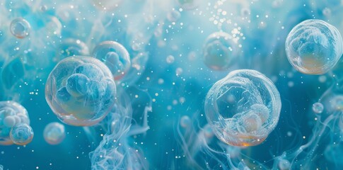 Wall Mural - Microscopic cells encapsulated within translucent orbs set against a tranquil blue background