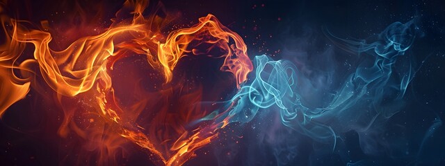 A heart shape made of swirling flames on an abstract background with blue and orange hues. The burning fire forms the outline of two hearts, creating a dramatic contrast against the dark space. 