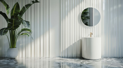 Sticker - Minimalist Bathroom Interior Design with White Walls, Marble Floor, and Green Plant.