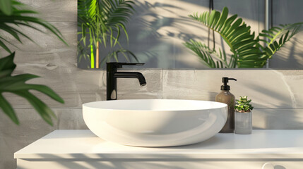 Sticker - Modern Bathroom Sink with Black Faucet and Plants.