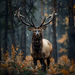 Wall Mural - Majestic Elk with Impressive Antlers Showcasing Its Regal Presence in Lush Autumnal Forest Landscape