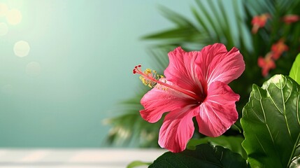 Wall Mural - Beautiful pink hibiscus flower blooming in tropical garden