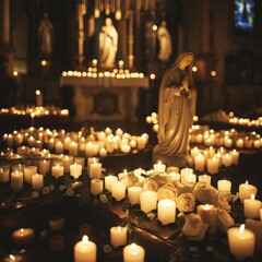 Lit Candles Adorn Altar in Church at Night