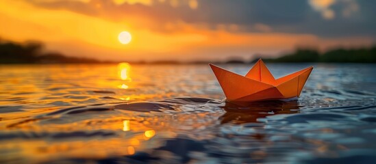 Sticker - Sunset Reflections: Paper Boat on Still Water