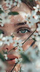 Wall Mural - The image shows a close-up of a woman's face partially obscured by white flowers and green leaves. Her striking blue eye, framed with long, dark eyelashes, is in sharp focus, showcasing delicate detai
